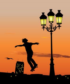 Silhouette of young skateboarder jumping in late evening