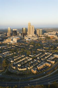 Aerial view of downtown buildings in Charlotte, North Carolina.