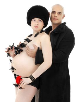 picture of pregnant woman and her man wearing black fur