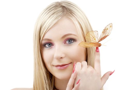 picture of lovely blond with butterfly over white