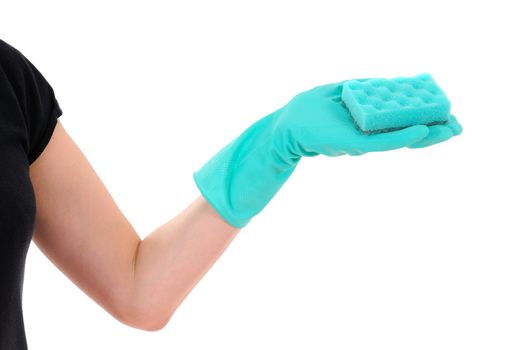 The hand in a green glove holds a sponge