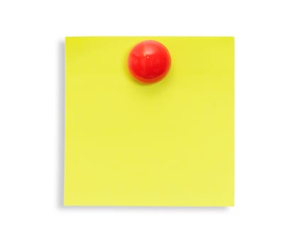 Yellow reminder note with red pin isolated on the white background. 
