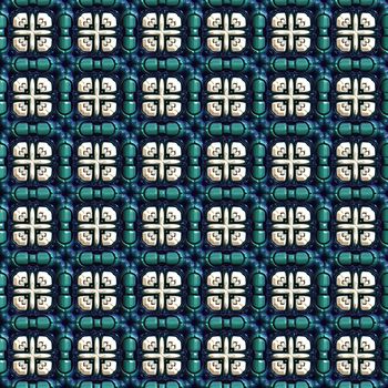 seamless 3d texture of blue green squares filled with white ornaments