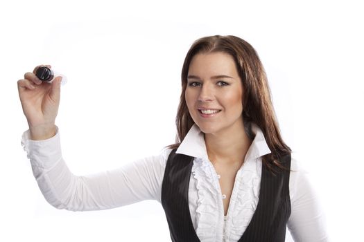 isolated business woman holding marker over white background