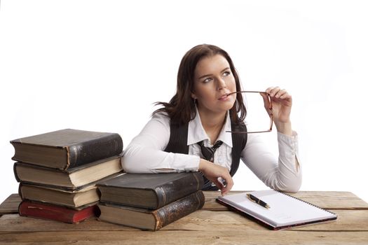 isolated business woman thinking over white background