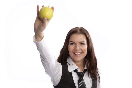 isolated business woman holding green apple white background
