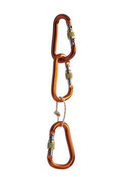 One carabiners tied to other with weak link