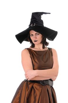 Young witch in hat  isolated on white background