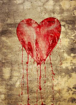 Broken and bleeding heart on the wall in grunge style