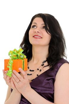 woman with orange gift isolated on white background