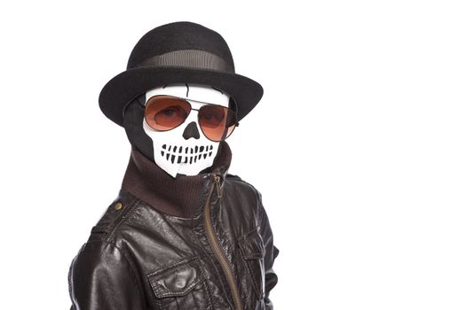isolated boy wearing skull mask and glasses over white background