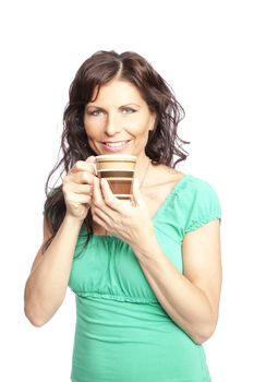 isolated brunette woman holding coffee cup over white background