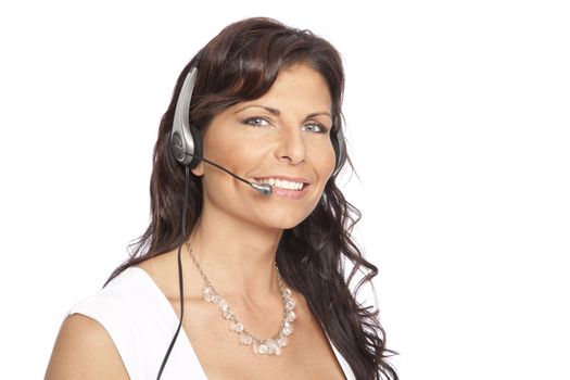 isolated brunette woman speaking into headset over white background
