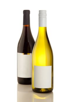 High resolution shot of red and white wine bottles (empty labels)
