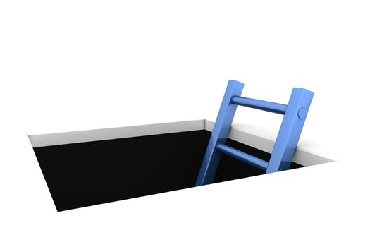 a rectangle hole in the white ground - metallic blue ladder to climb out