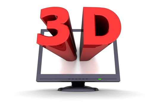 glossy red word 3D comes out of a black flat screen monitor to illustrate the three dimensions