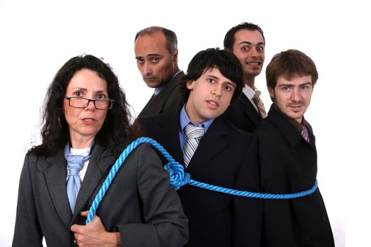 businesswoman boss with rope and team workers