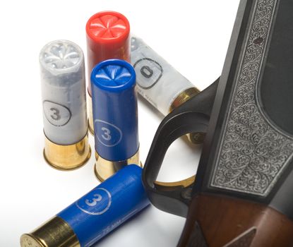 Shot-gun and the hunting cartridges on a white background. A close up