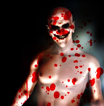 An evil psychotic clown covered in blood. 