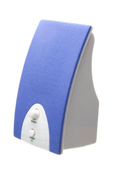 detail of a blue bass speaker with power and volume controls