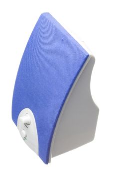 detail of a blue bass speaker with power and volume controls