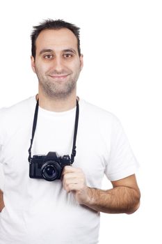 a photographer with a vintage analogic photographic camera isolated on withe background