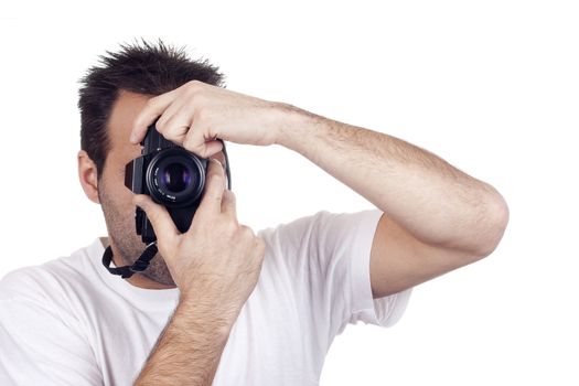 a photographer with a vintage analogic photographic camera isolated on withe background