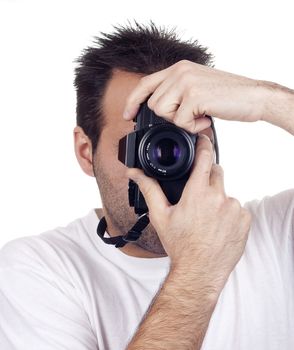 a photographer with a vintage analogic photographic camera isolated on withe background