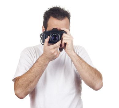 a photographer with a vintage analogic photographic camera isolated on withe background