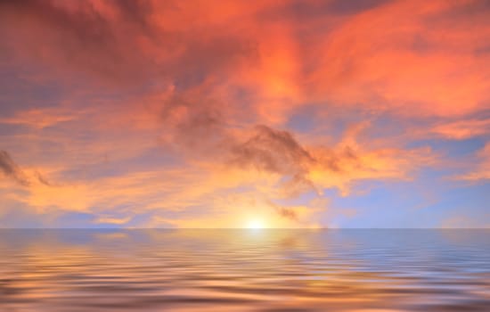 Red clouds sunset reflecting in water.