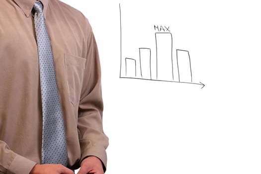 Man in a shirt and a tie standing next to a drawing of a bar graph.