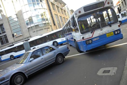 sydney busses taking a corner, traffic jam in sydney