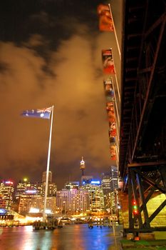 night scene of Darling Harbour, Pyrmont bridge, various colors