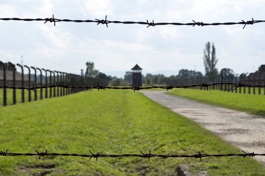 Fence at Auschwitz concentration camp in Poland.