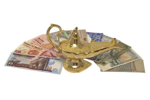 An arabic magic lamp, isolated on white, with loads of money from around the world.