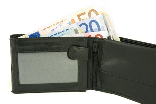 Some Euro notes in open black wallet isolated on white background