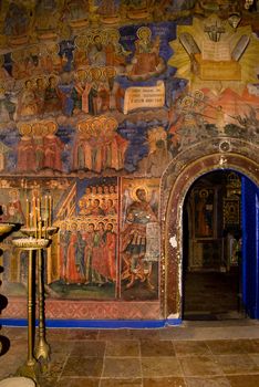 Iconography painted icons with saints on monastery wall � Preobrajenski Monastery near Veliko Turnovo Bulgaria (built in 14th century - collapsed through the ottoman - rebuilt in 19th century)