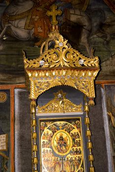 Iconography painted icons with saints on monastery wall � Preobrajenski Monastery near Veliko Turnovo Bulgaria (built in 14th century - collapsed through the ottoman - rebuilt in 19th century)