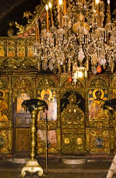 Iconography painted icons with saints on monastery wall � Preobrajenski Monastery near Veliko Turnovo Bulgaria (built in 14th century - collapsed through the ottoman - rebuilt in 19th century)