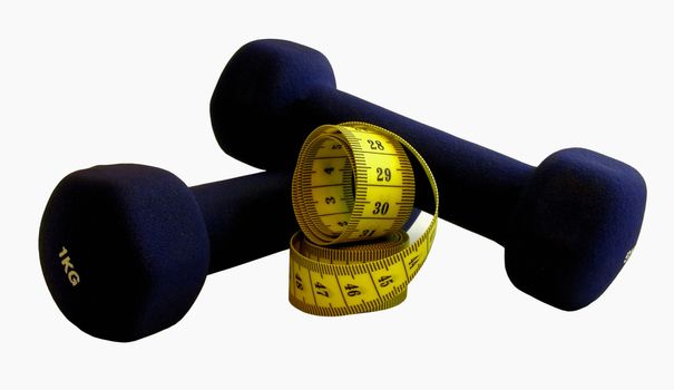 Two dumbbells with measuring tape isolated on white       