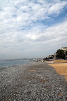 The sandy and rocky beach in Nice, France