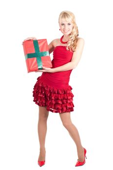 Happy woman with Christmas presents isolated on white