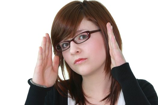 Portrait of young beautiful female teenager in glasses isolated on white background