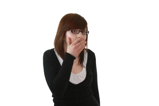 Portrait of young beautiful female teenager in glasses isolated on white background