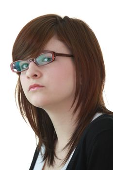 Portrait of young beautiful female teenager in glasses isolated on white background