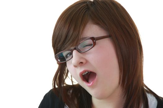 Portrait of young beautiful female teenager in glasses isolated on white background