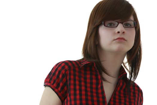 Portrait of young beautiful female teenager in glasses isolated on white background