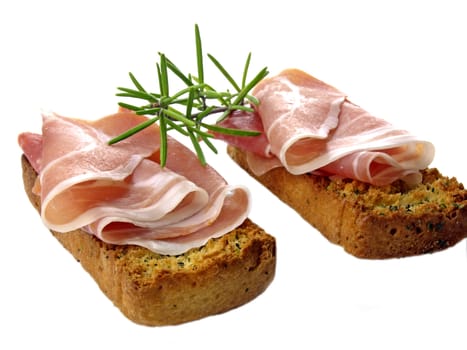 ham of Italy on a bruschetta bread with rosemary