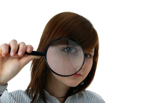Young student with magnifier isolated on white background