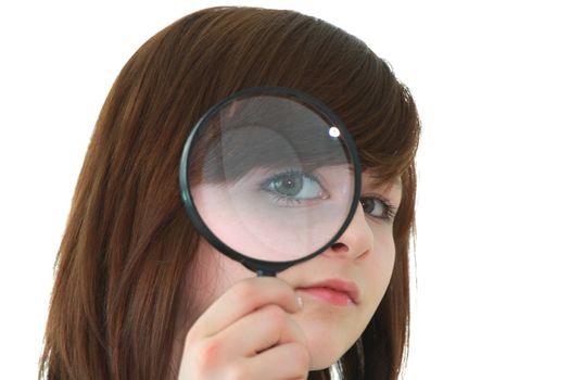 Young student with magnifier isolated on white background